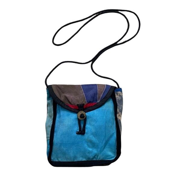 Indonesian Made Bag Crossbody Batik Tie Dye Print Flap Closure Blues Tan Brown - Picture 1 of 11
